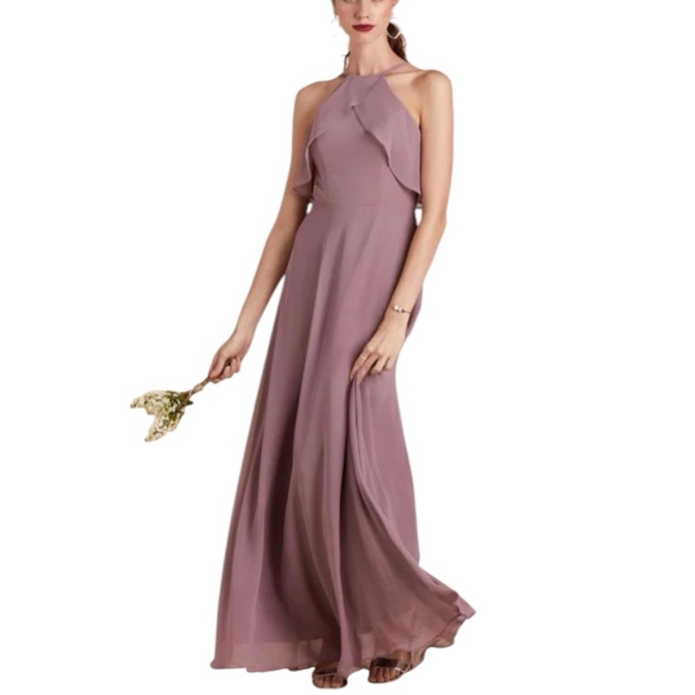 BIRDY GREY Jules Chiffon Dark Mauve Bridesmaid Dress Ruffle Halter NWT Small